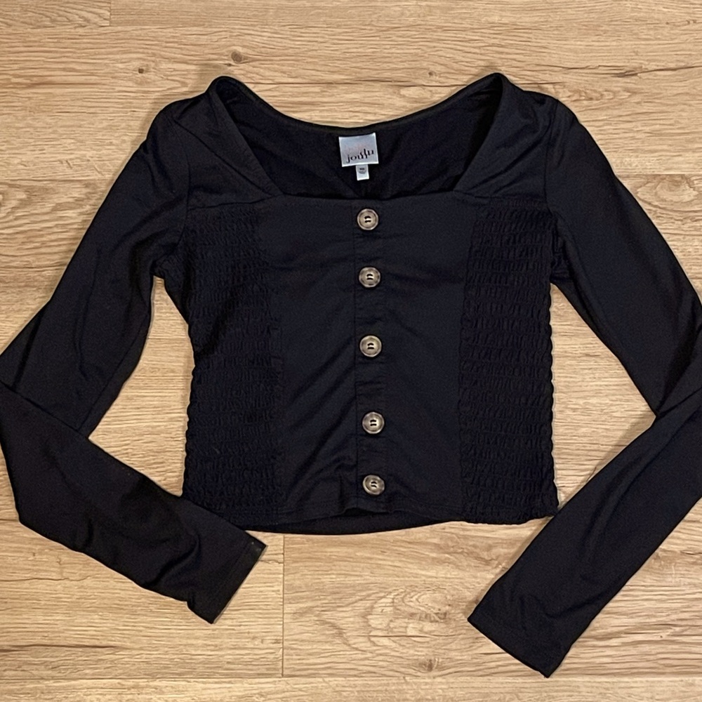 Long Black Sleeve Top With Tortoise Shell Buttons